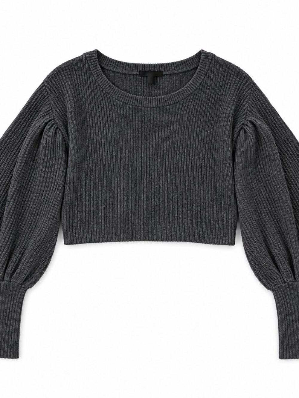Charcoal Ribbed Cropped Sweater with Balloon Sleeves